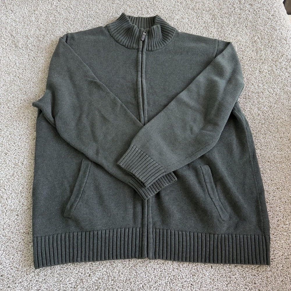 L.L. Bean Sweater Mens XL Green Cotton Tight Knit Full Zip Mock Neck Pockets